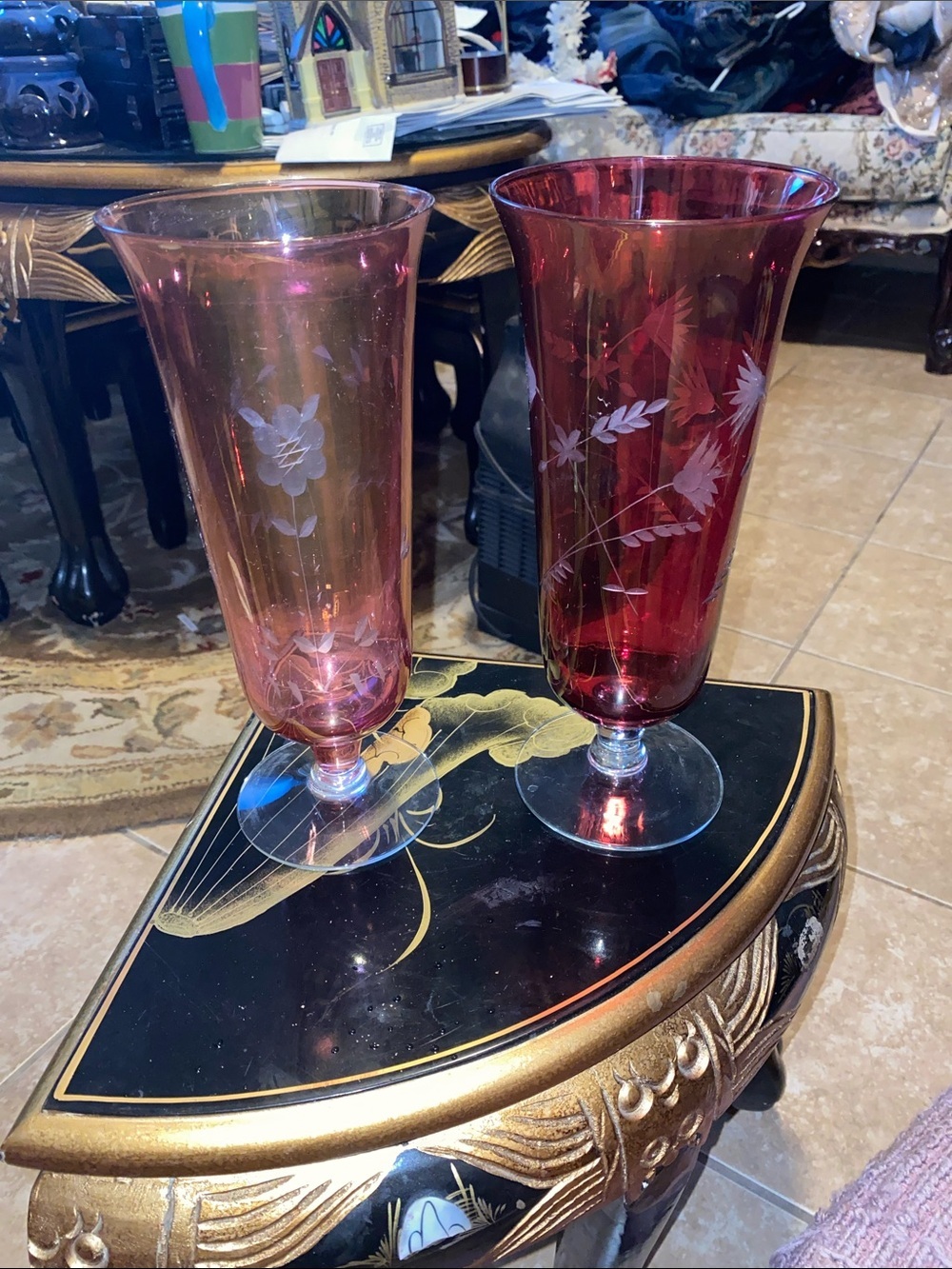 Vintage Hand-Etched Ruby and Rose Pink Glass Vases - Elegant Floral Design